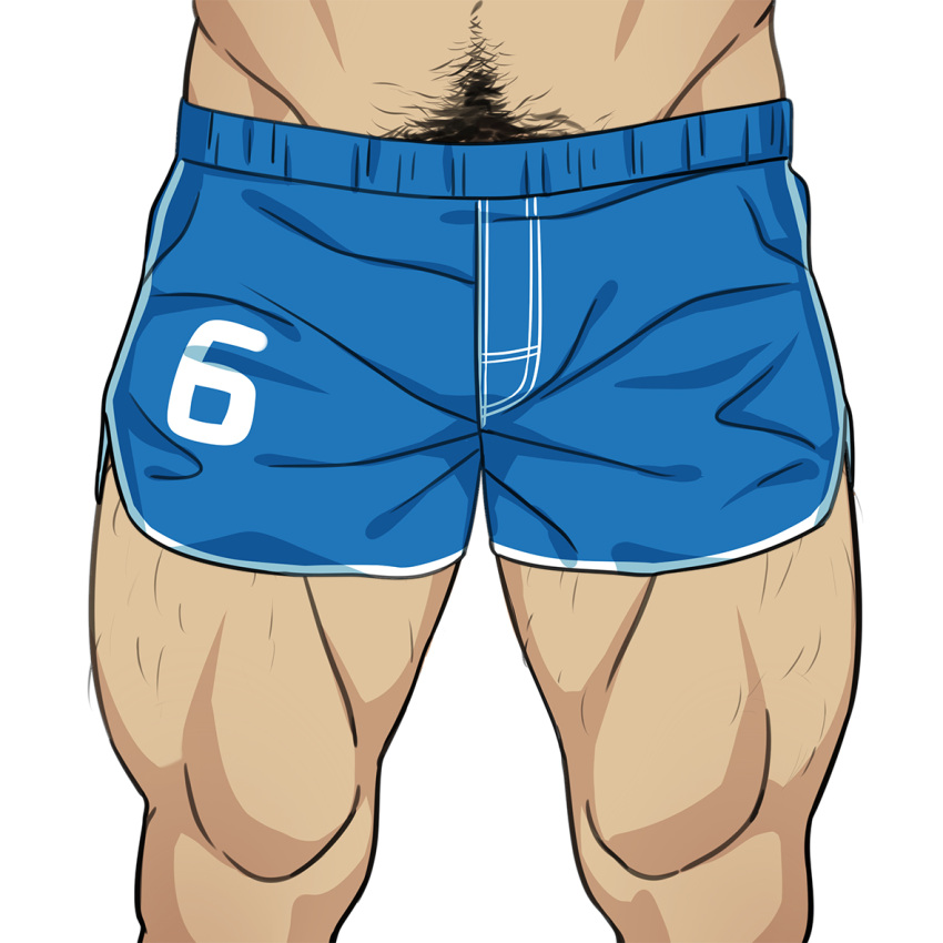 1boy bara blue_male_underwear blue_shorts boxers bulge dolphin_shorts hairy koji_(wildlhz) leg_hair lower_body male_focus male_pubic_hair male_underwear mature_male muscular muscular_male navel_hair original pubic_hair shorts simple_background solo thick_thighs thighs underwear underwear_only white_background