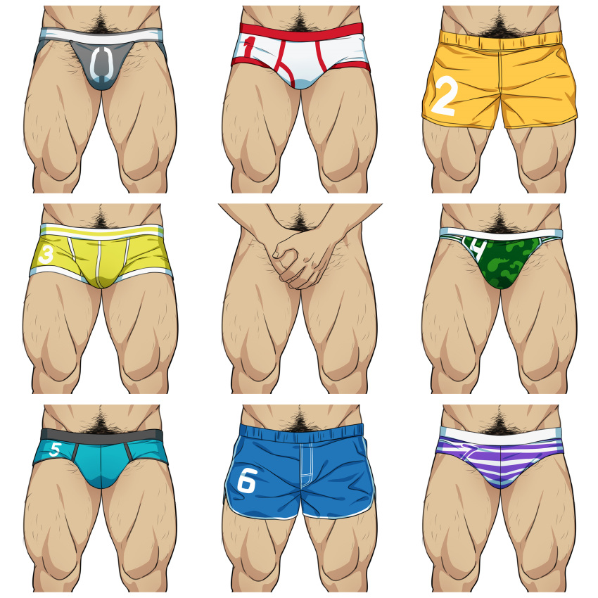 6+boys absurdres bara blue_male_underwear blue_shorts boxer_briefs boxers briefs bulge completely_nude covering covering_crotch dolphin_shorts green_male_underwear grey_male_underwear hairy highres jockstrap koji_(wildlhz) leg_hair lower_body male_focus male_pubic_hair male_underwear mature_male multiple_boys muscular muscular_male navel_hair nude original print_male_underwear pubic_hair purple_male_underwear shorts simple_background thick_thighs thighs underwear underwear_only wet_male_underwear white_background yellow_male_underwear