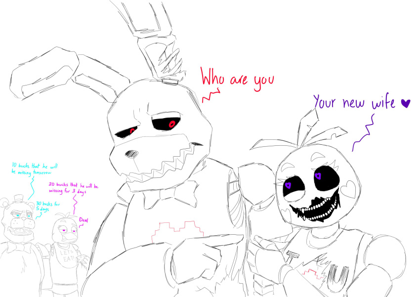 ! &lt;3 &lt;3_eyes 2021 absurd_res animatronic anthro anthro_on_anthro avian beak bib bird black_heart_bonnie_(fnaf) black_nose blue_eyes bonnie_(fnaf) bow_tie chicken close-up clothing dialogue dilated_pupils eating english_text eye_contact eyelashes fan_character fangs female five_nights_at_freddy's five_nights_at_freddy's_2 five_nights_at_freddy's_ar food freddy_(fnaf) frown galliform gallus_(genus) gesture group half-closed_eyes hand_on_arm happy hat headgear headwear heartlock_toy_chica_(fnaf) hi_res holding_arm humor lagomorph leporid long_ears looking_aside looking_at_another looking_down machine male male/female mammal narrowed_eyes notched_ear one_eye_half-closed open_mouth painful_days phasianid pink_eyes pixel pizza pointing purple_eyes question rabbit red_eyes robot round_ears sharp_teeth simple_background size_difference sketch smile standing teeth text top_hat toy_chica_(fnaf) ursid video_games wavy_mouth white_background white_beak white_body