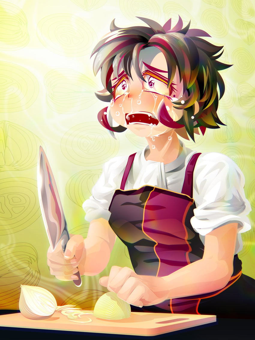 1girl amoretta_(yukiman) apron bangs black_apron black_hair brown_eyes commentary_request crying crying_with_eyes_open curled_fingers cutting_board cutting_onions hair_between_eyes highres holding holding_knife knife multicolored_hair onion open_mouth original red_hair shirt short_hair short_sleeves solo tears teeth two-tone_hair upper_body white_shirt yellow_background yukiman