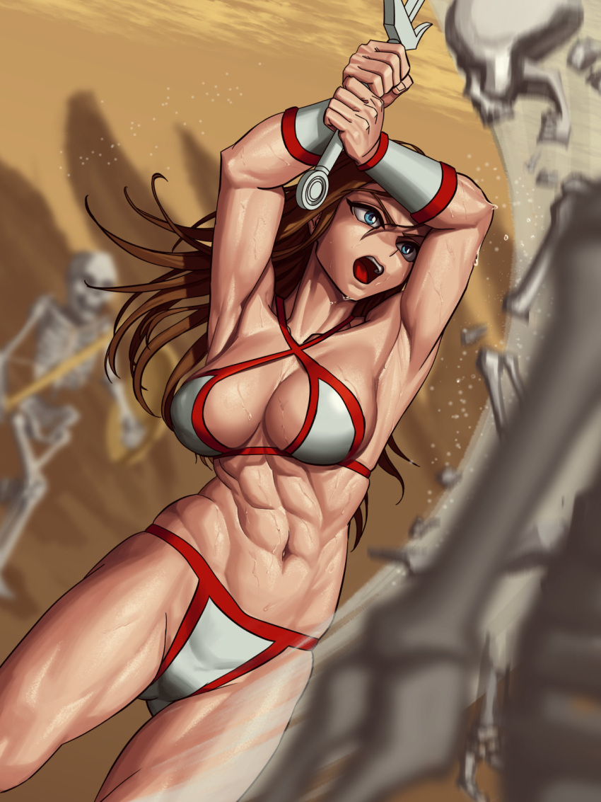 1girl angry armor armpits bikini bikini_armor bikini_top blue_eyes breasts brown_hair fighting golden_axe highres holding holding_sword holding_weapon lyoung0j muscular muscular_female retro sega skeleton swimsuit sword tyris_flare warrior weapon