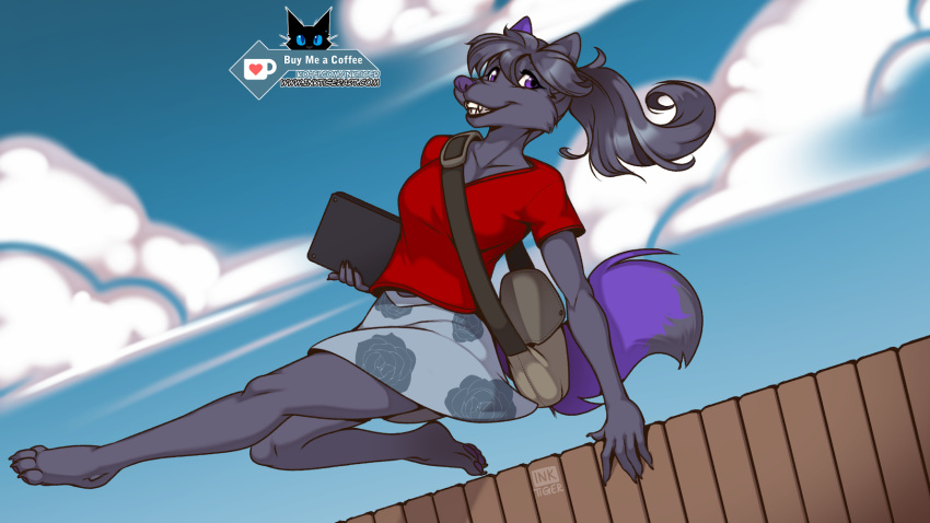 2021 4_toes 5_fingers anthro barefoot biped black_pupils blue_sky bottomwear canid canine cheek_tuft claws clothed clothing cloud cloudscape day digital_media_(artwork) dipstick_tail facial_tuft feet female fence finger_claws fingers fox fully_clothed fur grey_body grey_bottomwear grey_claws grey_clothing grey_ears grey_face grey_feet grey_fur grey_hair grey_hands grey_skirt grey_tail grin hair handbag hi_res holding_object inktiger iris jumping long_hair looking_at_viewer mammal monotone_bottomwear monotone_claws monotone_clothing monotone_eyes monotone_face monotone_feet monotone_hair monotone_hands monotone_nose monotone_pawpads monotone_shirt monotone_skirt monotone_topwear multicolored_body multicolored_ears multicolored_fur multicolored_tail outside pawpads pupils purple_body purple_ears purple_eyes purple_fur purple_nose purple_pawpads purple_tail red_clothing red_shirt red_topwear shirt short_fur skirt sky smile snout solo teeth toe_claws toes topwear tuft two_tone_body two_tone_ears two_tone_fur two_tone_tail