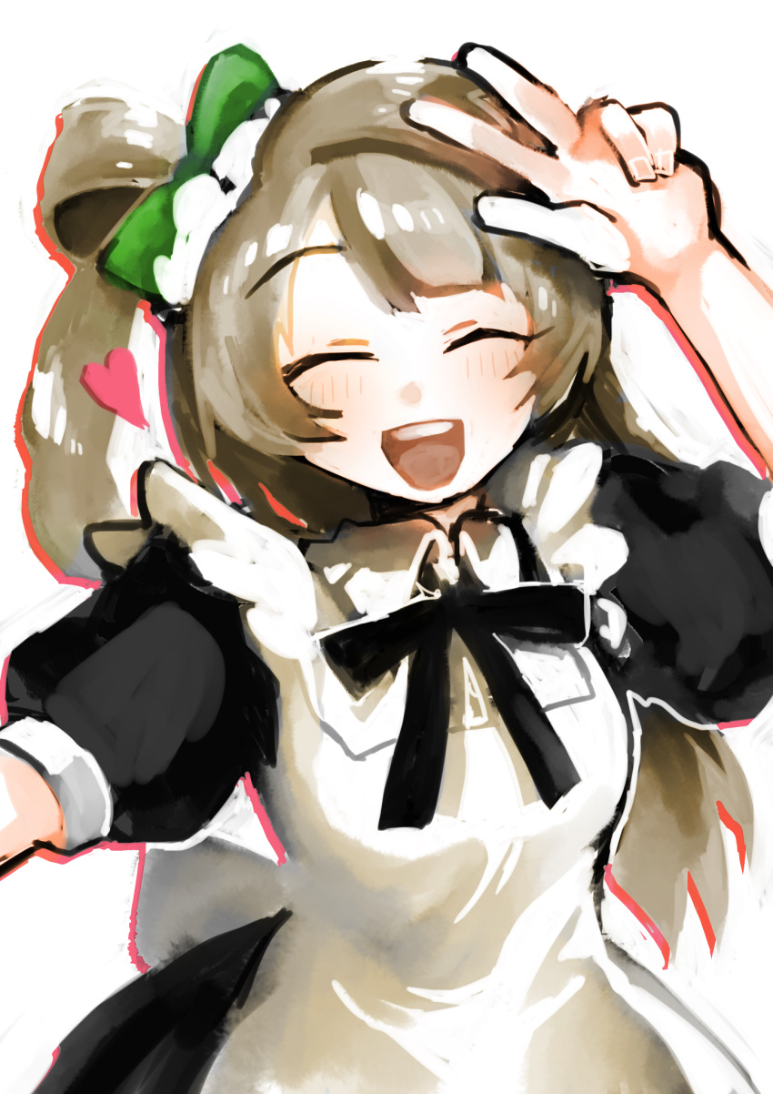 1girl :d ^_^ alternate_costume apron black_dress black_ribbon blush bow breasts closed_eyes dress enmaided eyebrows_visible_through_hair green_bow hair_bow hair_rings hand_up heart highres light_brown_hair long_hair love_live! love_live!_school_idol_project maid maid_headdress medium_breasts minami_kotori nichi_(hibi_suimin) one_side_up open_mouth puffy_short_sleeves puffy_sleeves ribbon short_sleeves simple_background smile solo teeth white_apron white_background