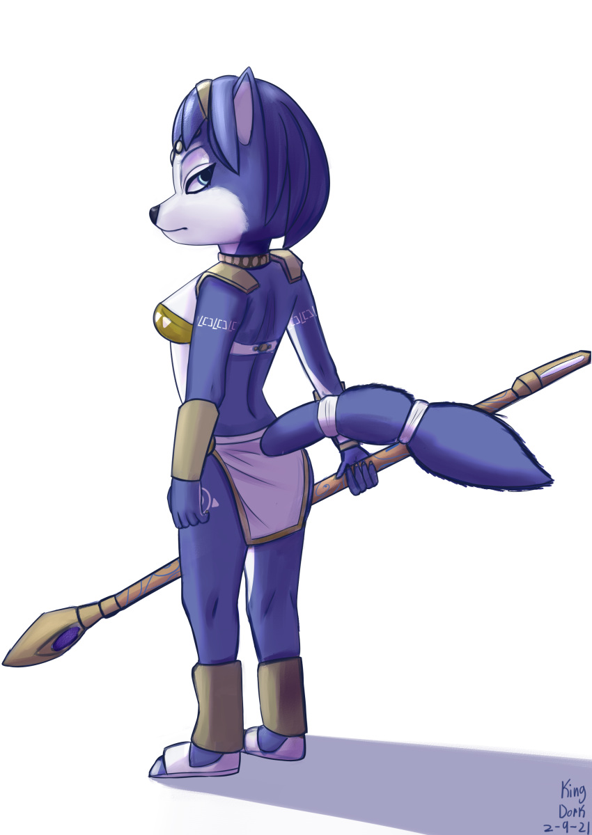 absurd_res anthro armor blue_body blue_hair canid canine clothing female fox hair hi_res jewelry kingdorkster krystal mammal markings nintendo solo staff star_fox tribal_markings video_games