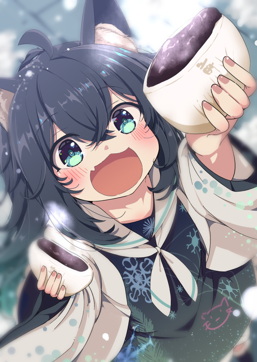 1girl :3 :d absurdres animal_ear_fluff animal_ears animal_print aqua_eyes baozi black_hair blurry cat_print child commission depth_of_field dress fang food from_above highres japanese_clothes kimono long_hair looking_at_viewer majima offering open_mouth pov skeb_commission smile steam vrchat