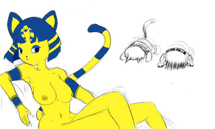 5:3 animal_crossing ankha_(animal_crossing) anthro big_breasts blackpatapon breasts domestic_cat felid feline felis female group hair mammal nintendo nipples nude simple_background solo_focus tom_(animal_crossing) video_games yellow_body