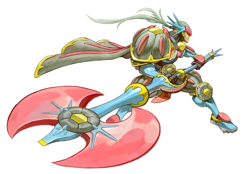 1other ambiguous_gender armor axe battle_axe belt_buckle buckle cape fighting_stance forehead_protector full_armor full_body garrett_hanna gen_3_pokemon green_hair highres holding holding_axe holding_weapon huge_weapon knee_pads monster_hunter pauldrons personification pokemon pokemon_(creature) ponytail salamence shoulder_armor solo weapon white_background