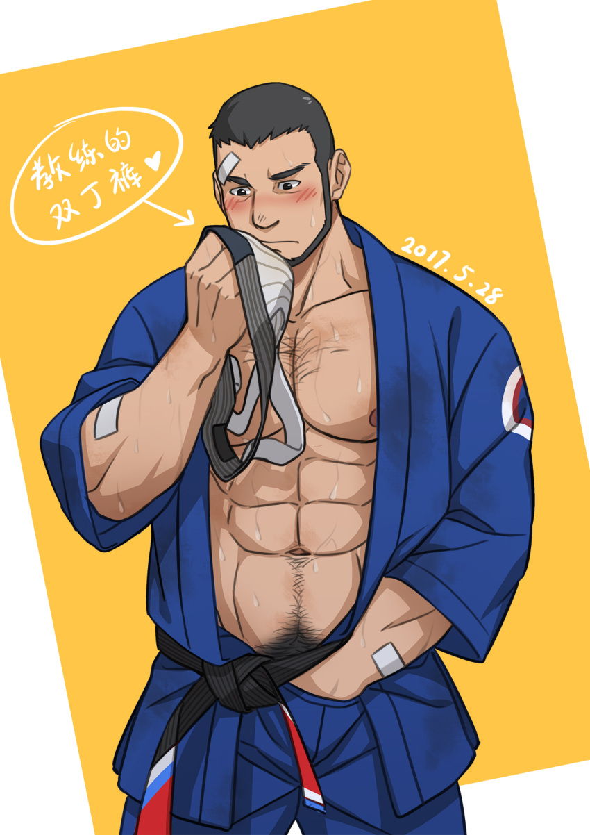 1boy abs bandaid bandaid_on_face bara bare_pecs beard black_hair blue_jacket blue_pants blush buzz_cut chest_hair cowboy_shot facial_hair hairy hand_under_clothes highres implied_yaoi jacket jockstrap karate koji_(wildlhz) large_pectorals male_focus male_masturbation male_pubic_hair male_underwear masturbation mature_male muscular muscular_male navel navel_hair nipples open_clothes open_jacket original pants pubic_hair short_hair smelling solo sportswear stomach translation_request underwear underwear_sniffing very_short_hair white_male_underwear