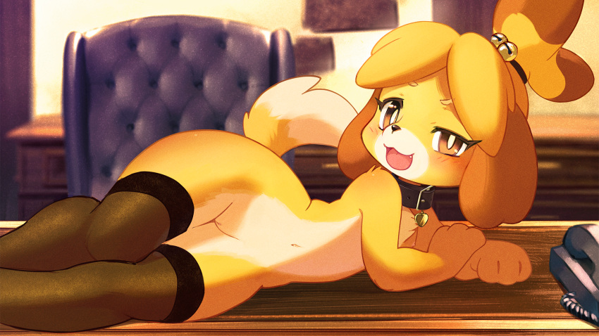 2019 4_fingers accessory ancesra animal_crossing anthro bedroom_eyes bell belt_collar black_clothing black_collar black_legwear black_nose black_stockings blonde_eyebrows blonde_hair blush blush_lines breasts brown_ears brown_eyes brown_hair canid canine canis chair chest_tuft clitoral_hood clothing collar collar_tag colored countershade_face countershade_legs countershade_torso countershading cute_fangs day desk detailed_background digital_media_(artwork) digital_painting_(artwork) domestic_dog eyebrows eyelashes female fingers floppy_ears front_view fur fur_tuft furniture genitals hair hair_accessory hair_tie heart_collar_tag hi_res humanoid_genitalia humanoid_pussy inside iris isabelle_(animal_crossing) legs_together legwear light lighting looking_at_viewer lop_ears lying mammal mostly_nude multicolored_body multicolored_fur multicolored_hair narrowed_eyes nintendo nipples office office_chair on_desk on_side open_mouth open_smile phone portrait pupils pussy red_tongue seductive shaded shih_tzu small_breasts smile solo stockings sunlight tan_nipples three-quarter_portrait tied_hair tongue toy_dog tuft two_tone_body two_tone_fur two_tone_hair two_tone_tail video_games white_body white_countershading white_fur white_pupils white_tail yellow_body yellow_fur yellow_tail