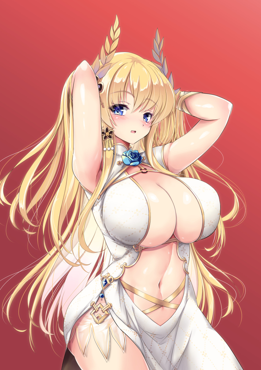 1girl absurdres arms_behind_head azur_lane blonde_hair blue_eyes blue_flower breasts center_opening china_dress chinese_clothes cleavage clothing_cutout dress eyebrows_visible_through_hair flower gold_trim hair_ornament hands_in_hair highres huge_breasts laurel_crown long_hair looking_at_viewer official_alternate_costume pelvic_curtain raranokusu red_background simple_background sleeveless sleeveless_dress solo stomach_cutout victorious_(azur_lane) victorious_(guidance_of_the_spring_goddess)_(azur_lane) white_dress white_shawl