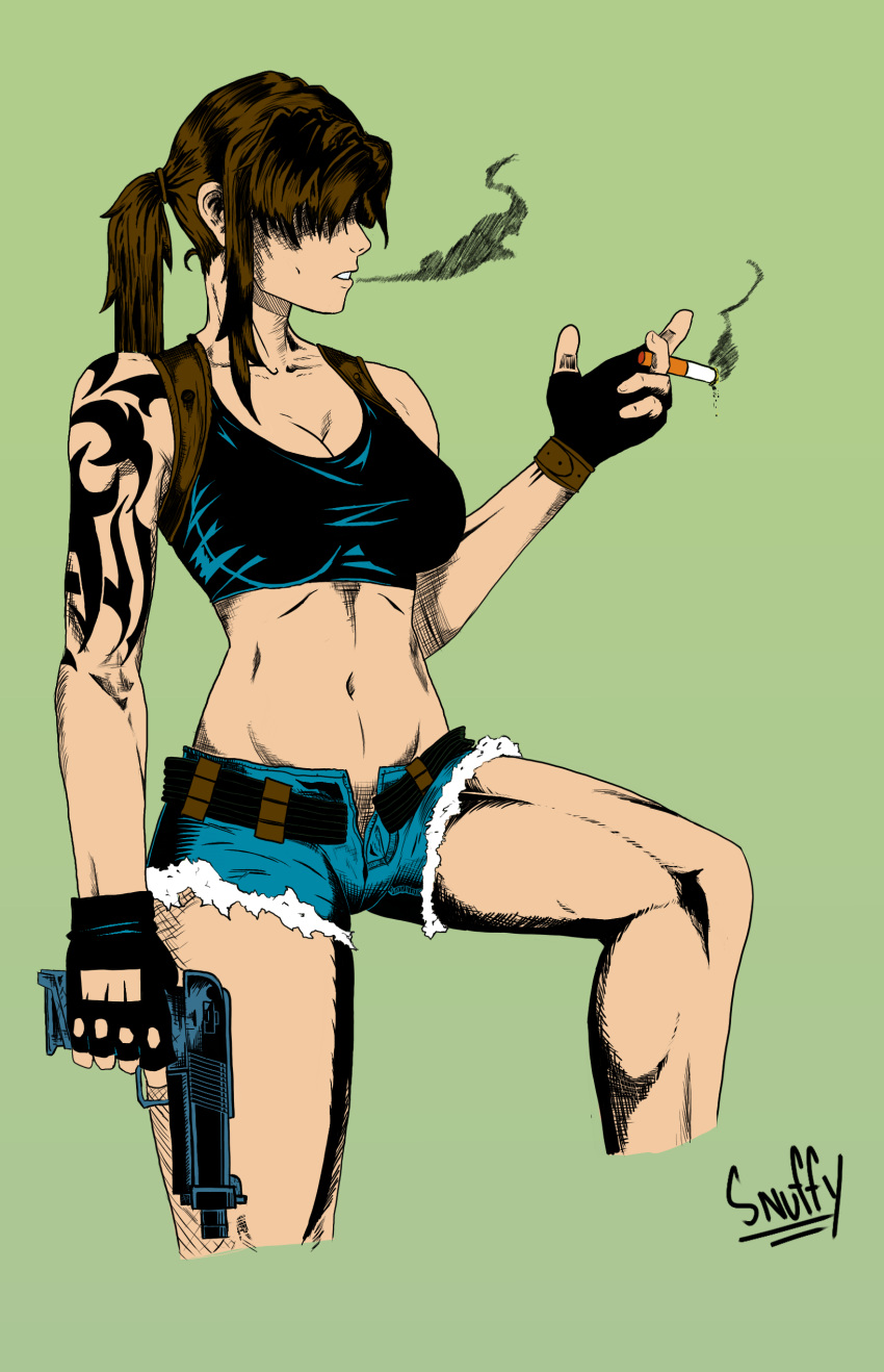 absurdres black_lagoon black_tank_top brown_hair cigarette covered_eyes cutoffs denim denim_shorts fingerless_gloves gloves gun handgun highres midriff navel pistol ponytail revy_(black_lagoon) shaded_face shorts shoulder_tattoo signature smoking tank_top tattoo tribal_tattoo user_pgrf4327 weapon