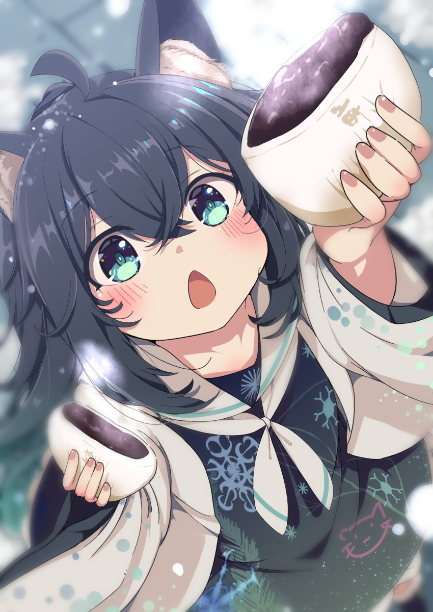 1girl :o absurdres animal_ear_fluff animal_ears animal_print aqua_eyes baozi black_hair blurry cat_print child commission depth_of_field dress food from_above highres japanese_clothes kimono long_hair looking_at_viewer majima offering open_mouth pov skeb_commission smile steam vrchat