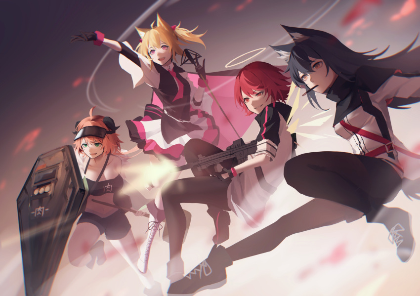 4girls :d ahoge animal_ears arknights arm_up bandeau bangs bare_legs black_capelet black_gloves black_hair black_legwear black_shorts black_vest blonde_hair boots breasts brown_eyes capelet cleavage croissant_(arknights) cross-laced_footwear exusiai_(arknights) fengtu_ad food food_in_mouth gloves green_eyes grin gun halo highres holding holding_gun holding_weapon horns jacket lace-up_boots large_breasts medium_breasts midriff miniskirt mouth_hold multiple_girls necktie open_mouth orange_hair pantyhose penguin_logistics_(arknights) pink_eyes pink_neckwear pocky red_eyes red_hair shield short_hair short_sleeves shorts skirt smile sora_(arknights) strapless texas_(arknights) tubetop vest visor_cap weapon white_footwear white_jacket wolf_ears