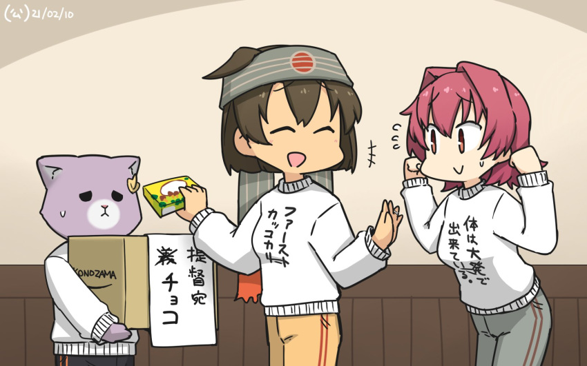 3girls :&gt; alternate_costume animalization bangs box breasts brown_hair cardboard_box clothes_writing dated eyebrows_visible_through_hair flying_sweatdrops hair_ornament hamu_koutarou headband highres hiyou_(kancolle) holding kantai_collection kinu_(kancolle) long_sleeves multiple_boys multiple_girls open_mouth pants red_eyes red_hair shirt short_hair signature smile sweat sweater tama_(kancolle) translation_request white_sweater
