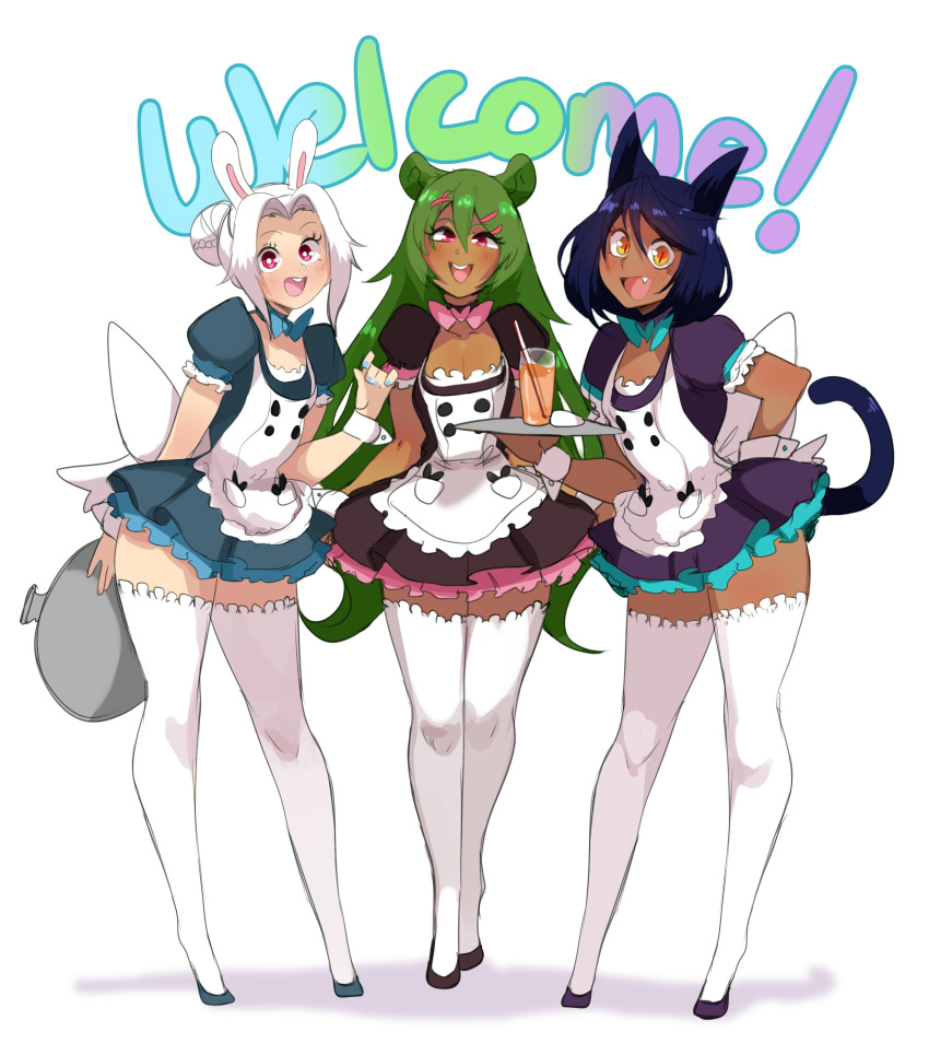 3boys :d absurdres animal_ears aoi_(lightsource) apron black_footwear blue_dress blush bright_pupils bunny_ears cat_boy cat_ears cat_tail character_request crossdressing cup dress drinking_straw english_commentary english_text fang full_body green_hair hair_ornament highres holding holding_tray lightsource long_hair looking_at_viewer maid maid_apron maid_headdress male_focus multiple_boys murasaki_(lightsource) open_mouth orange_eyes original otoko_no_ko pink_eyes red_dress red_eyes simple_background slit_pupils smile standing tail thighhighs tray white_apron white_background white_hair white_legwear white_pupils