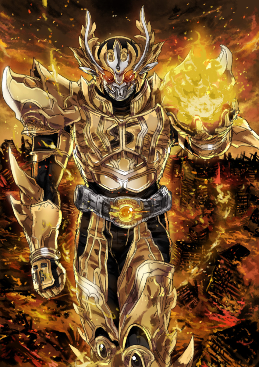 1boy absurdres armor belt city clenched_hand fire garimpeiro highres kamen_rider kamen_rider_kuuga kamen_rider_kuuga_(rising_ultimate_form) kamen_rider_kuuga_(series) looking_at_viewer open_hand ruins science_fiction solo tokusatsu walking