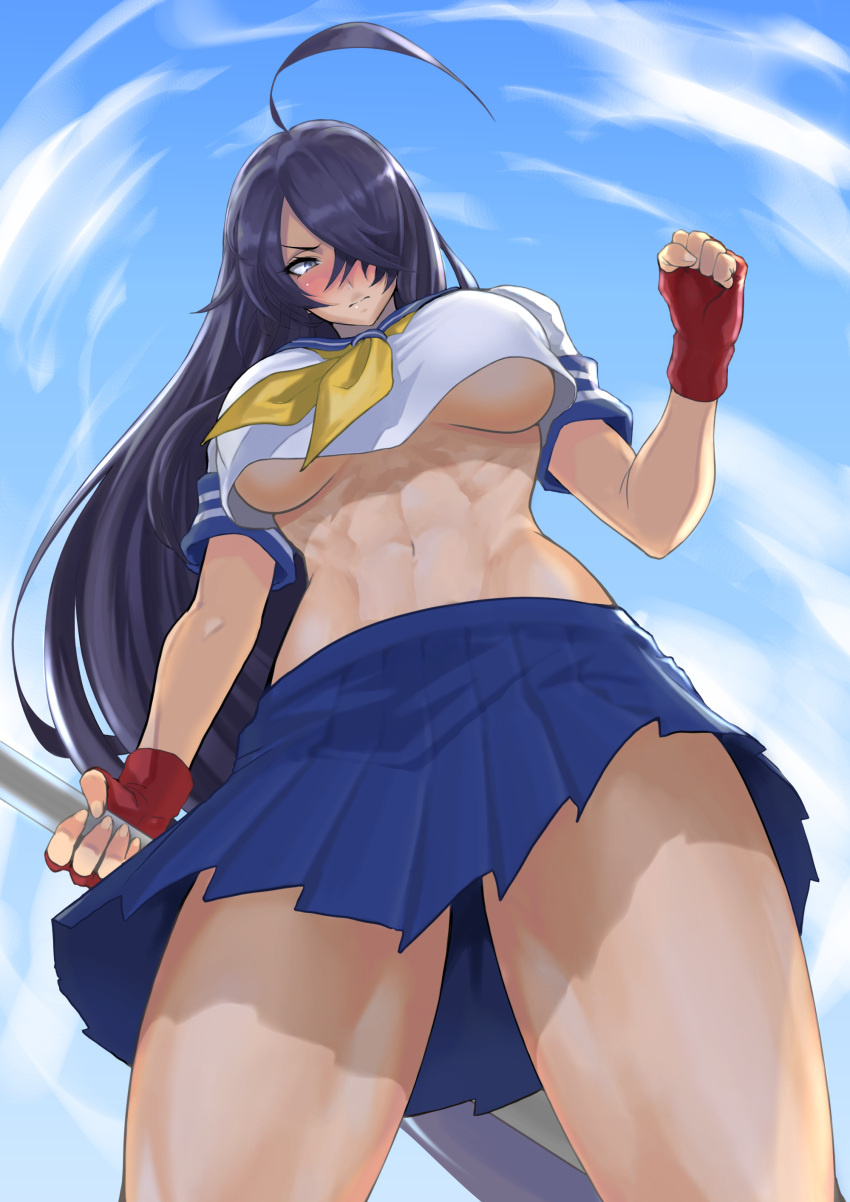 1girl abs absurdres ahoge anagumasan black_hair blue_skirt blue_sky breasts clenched_hand cloud cloudy_sky cowboy_shot fingerless_gloves from_below gloves hair_over_one_eye highres holding ikkitousen kan'u_unchou long_hair navel neckerchief pleated_skirt red_gloves shadow skirt sky solo underboob yellow_neckwear