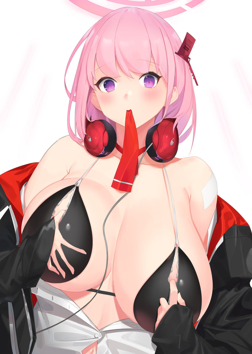 1girl absurdres bad_proportions bangs bikini bikini_top blue_archive blush breasts eimi_(blue_archive) eyebrows_visible_through_hair halo headphones headphones_around_neck highres huge_breasts jacket jam_(nandade) mouth_hold navel necktie off_shoulder open_clothes open_jacket open_shirt pink_hair purple_eyes red_neckwear shirt simple_background solo swimsuit upper_body white_background white_shirt zipper