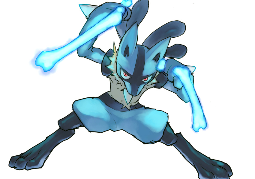 bone_rush_(pokemon) commentary gen_4_pokemon highres hunched_over legs_apart looking_at_viewer lucario pokemon pokemon_(creature) red_eyes solo spikes tokonatu yellow_fur