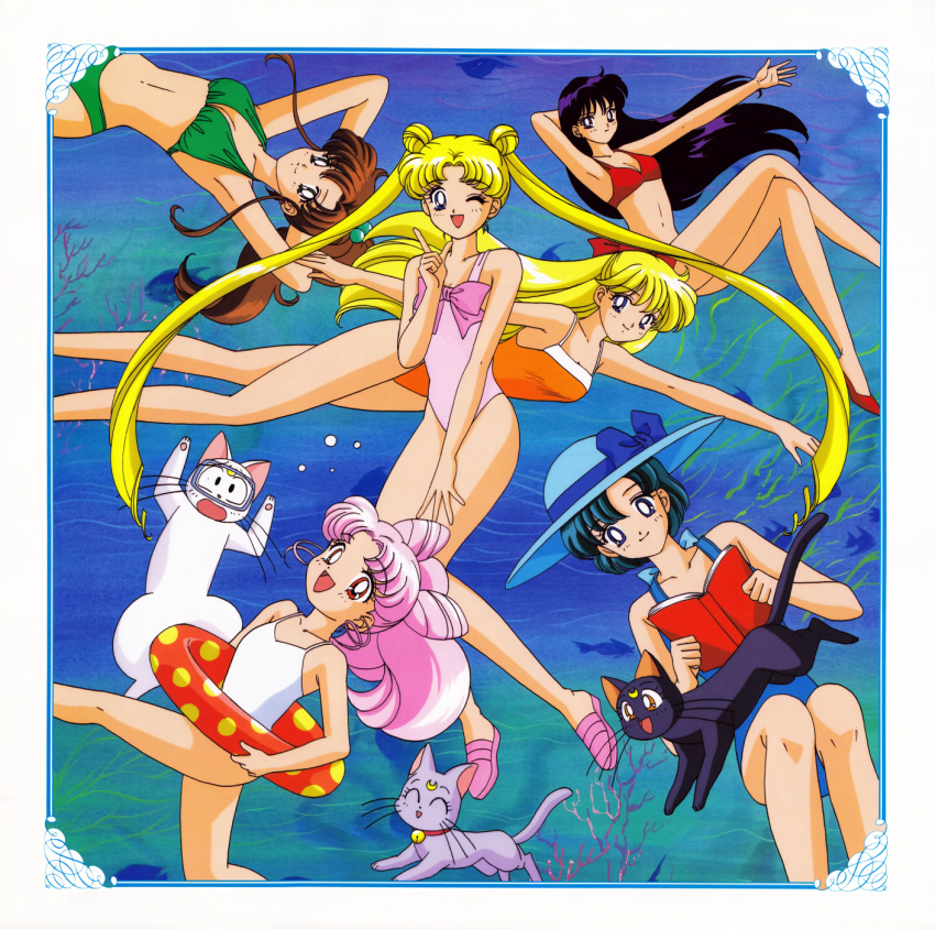 1990s_(style) 6+girls aino_minako arm_behind_head arm_up armpits artemis_(sailor_moon) bikini bishoujo_senshi_sailor_moon black_eyes black_hair blonde_hair blue_eyes blue_hair blue_swimsuit book brown_hair casual_one-piece_swimsuit cat chibi_usa closed_eyes crossed_legs double_bun eyebrows_visible_through_hair goggles green_swimsuit hair_bobbles hair_ornament hat high_ponytail highres hino_rei holding holding_book index_finger_raised innertube kino_makoto long_hair looking_at_viewer luna_(sailor_moon) mizuno_ami multiple_girls official_art one-piece_swimsuit one_eye_closed open_book open_mouth orange_swimsuit outstretched_arm pink_footwear pink_hair pink_swimsuit reading red_eyes red_footwear red_swimsuit retro_artstyle short_hair smile sun_hat swimsuit tsukino_usagi twintails very_long_hair white_swimsuit