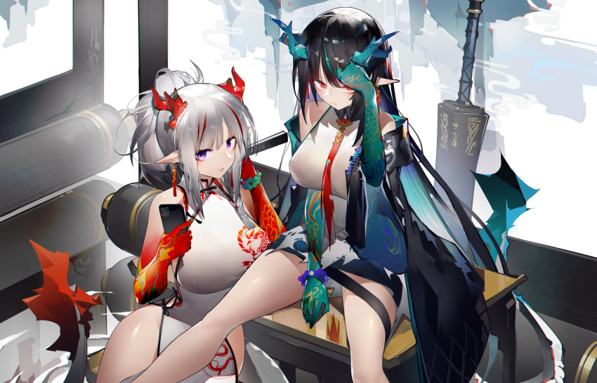 2girls arknights chinese_clothes chinese_dress dress dusk_(arknights) gray_hair horns long_hair nian_(arknights) pointed_ears ponytail red_eyes tail yushi_ketsalkoatl