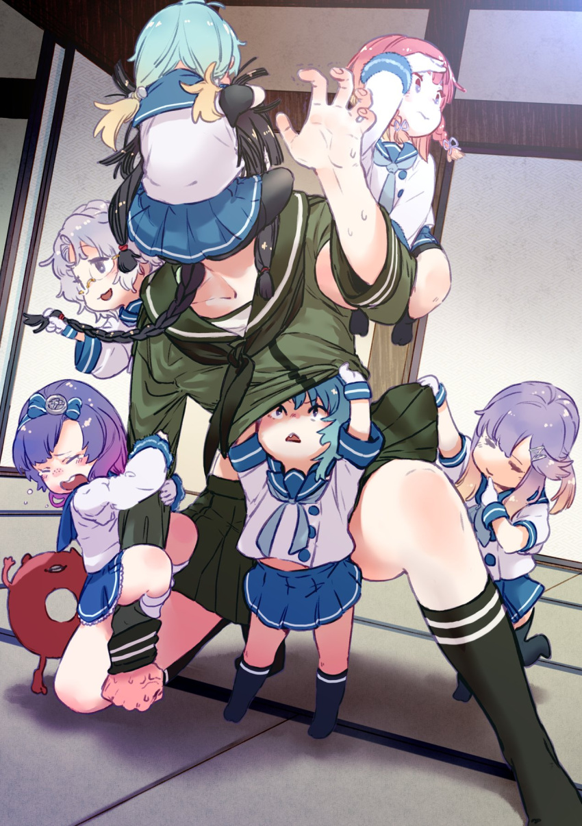 6+girls anger_vein black_hair blonde_hair blue_hair blue_neckwear blue_ribbon blue_skirt braid brown_eyes buttons enemy_lifebuoy_(kancolle) etorofu_(kancolle) face_hug fukae_(kancolle) glasses gloves gradient_hair grey_hair hat highres hirato_(kancolle) kantai_collection kitakami_(kancolle) long_hair long_sleeves matsuwa_(kancolle) multicolored_hair multiple_girls neckerchief pleated_skirt purple_hair ribbon sado_(kancolle) sailor_collar school_uniform serafuku shirt shirt_lift short_hair single_braid skirt skirt_lift sleeveless sleeveless_shirt thighhighs tsurime tsushima_(kancolle) uyama_hajime wavy_hair white_gloves