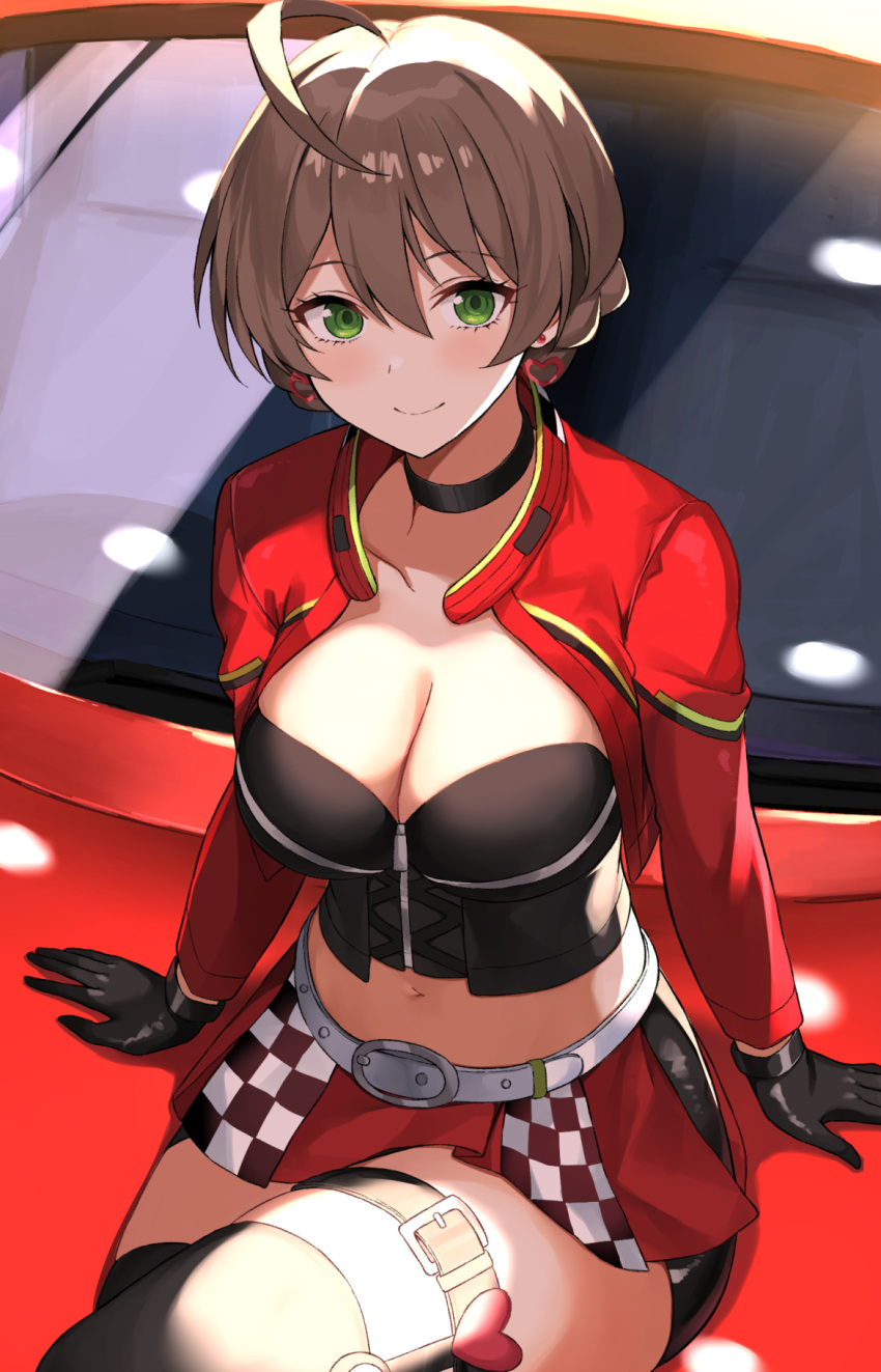 1girl ahoge arm_support asato_(fadeless) bangs belt black_choker black_gloves black_legwear black_tubetop braid breasts brown_hair car checkered checkered_skirt choker cleavage closed_mouth collarbone commentary cowboy_shot crop_top cropped_jacket crossed_legs earrings eyebrows_visible_through_hair gloves green_eyes ground_vehicle hair_between_eyes heart heart_earrings highres idolmaster idolmaster_million_live! idolmaster_million_live!_theater_days jacket jewelry large_breasts light_blush long_sleeves looking_at_viewer midriff miniskirt motor_vehicle navel on_vehicle open_clothes open_jacket pleated_skirt race_queen red_jacket red_skirt sakuramori_kaori shiny shiny_hair short_hair sitting skirt smile solo strapless thigh_strap thighhighs tubetop