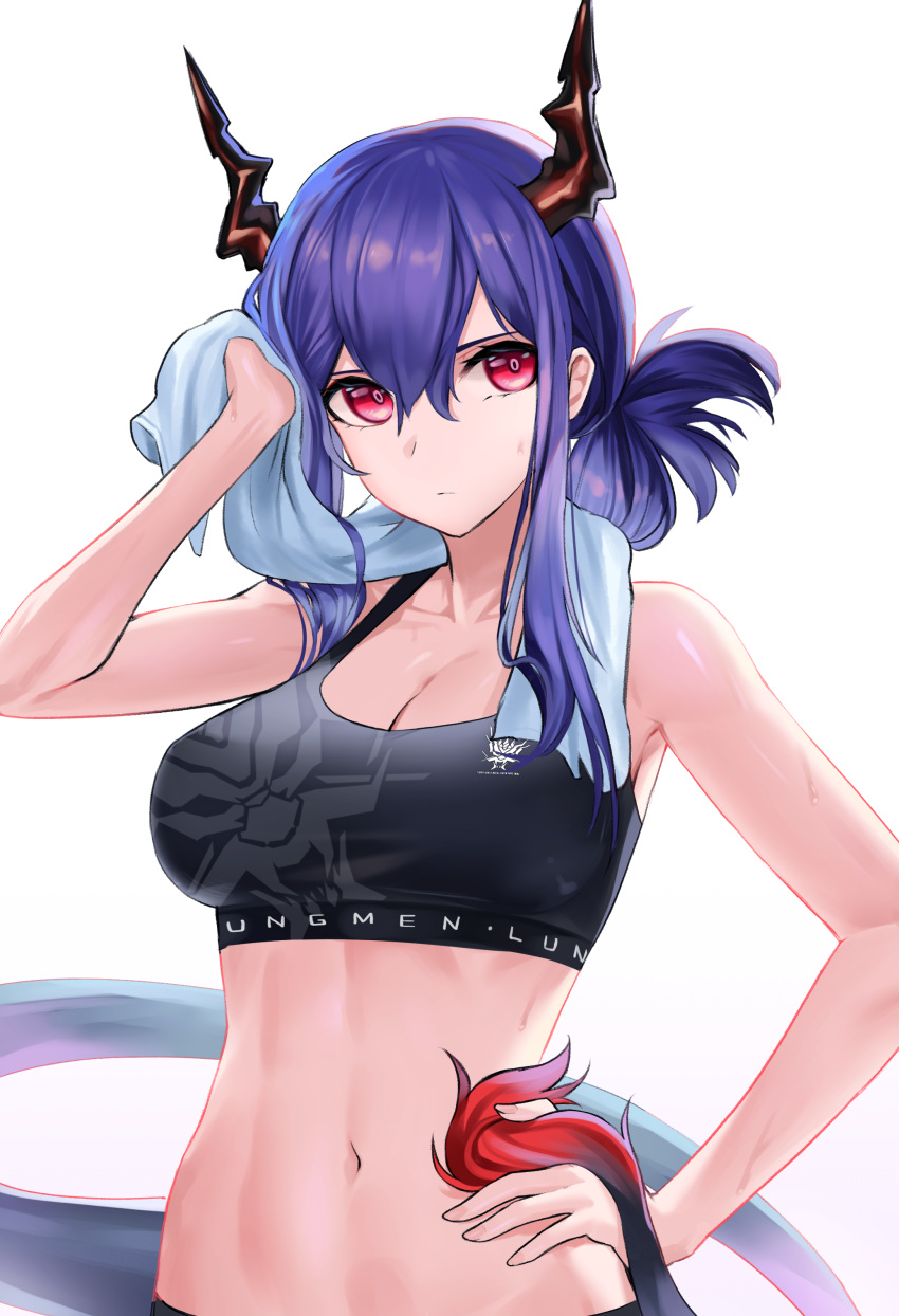 1girl absurdres arknights black_sports_bra breasts ch'en_(arknights) cleavage closed_mouth collarbone eyebrows_visible_through_hair hair_ornament hand_on_head hand_on_hip highres horns long_hair looking_at_viewer medium_breasts navel purple_hair red_eyes rivet_vvrn solo sports_bra white_background