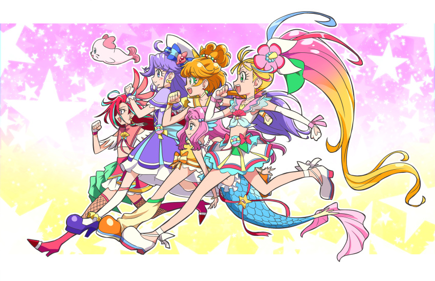 5girls :d ahoge aqua_eyelashes aqua_hair bare_shoulders blonde_hair blue_eyes blue_hair boots border bow bow_earrings bubble_skirt choker clenched_hands closed_mouth clothing_cutout colored_eyelashes commentary_request crop_top cure_coral cure_flamingo cure_papaya cure_summer dress dress_bow earrings elbow_gloves feather_earrings feathers fishnet_legwear fishnets floating_hair flower from_side full_body glove_bow gloves gradient gradient_background gradient_hair green_eyes hair_bobbles hair_bow hair_flower hair_intakes hair_ornament hair_strand hat head_fins heart heart_cutout heart_facial_mark heart_in_eye hibiscus high_heel_boots high_heels highres ichinose_minori jewelry jumping kirakira_precure_a_la_mode kneeless_mermaid kururun_(precure) laura_(precure) leg_warmers lipstick long_hair magical_girl makeup mermaid midriff monster_girl multi-tied_hair multicolored multicolored_background multicolored_eyes multicolored_hair multiple_girls multiple_hair_bows natsumi_manatsu neckerchief open_mouth orange_footwear orange_hair outline outside_border parody partial_commentary pink_background pink_hair pouch precure purple_choker purple_eyes purple_hair red_choker red_hair round_teeth running sailor_collar sailor_hat scales shoes side_ponytail sideways_mouth skirt smile star_(symbol) starry_background streaked_hair suzumura_sango symbol_in_eye takizawa_asuka teeth triangle_earrings tropical-rouge!_precure upper_teeth usoco very_long_hair white_border white_choker white_outline wrist_bow wristband yellow_background yellow_bow yellow_choker yellow_dress yellow_gloves