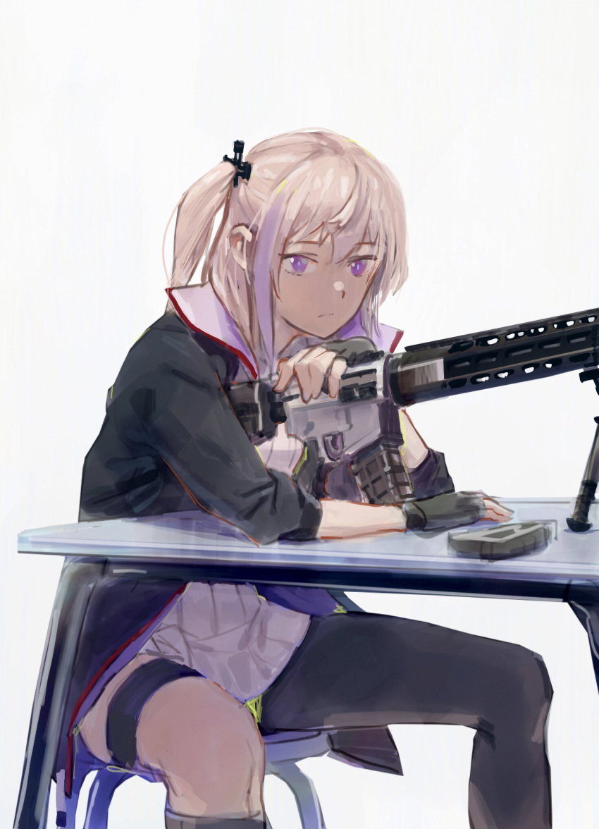 1girl ar-15 asymmetrical_legwear bangs bipod chair dress fingerless_gloves girls_frontline gloves gun hair_ornament highres jacket long_hair lynchis magazine_(weapon) multicolored_hair on_chair one_side_up pink_hair purple_eyes rifle sitting sleeves_rolled_up solo st_ar-15_(girls_frontline) streaked_hair table thigh_strap weapon white_background white_dress