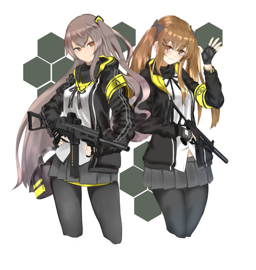 1girl absurdres bag bangs black_gloves black_jacket brown_eyes brown_hair eyebrows_visible_through_hair fingerless_gloves girls_frontline gloves grey_legwear grey_skirt gun h&amp;k_ump hair_ornament highres holding holding_weapon jacket long_hair looking_at_viewer pantyhose saturndxy scar scar_across_eye shirt simple_background skirt smile solo standing submachine_gun twintails ump45_(girls_frontline) ump9_(girls_frontline) weapon white_shirt