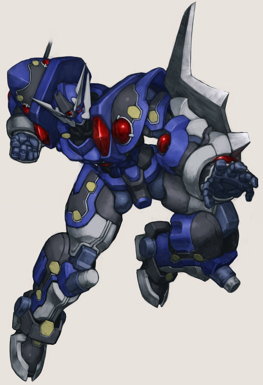 arcgain beige_background clenched_hand highres looking_ahead mecha no_humans open_hand red_eyes science_fiction shizentai solo super_robot super_robot_wars super_robot_wars_og_saga_mugen_no_frontier v-fin