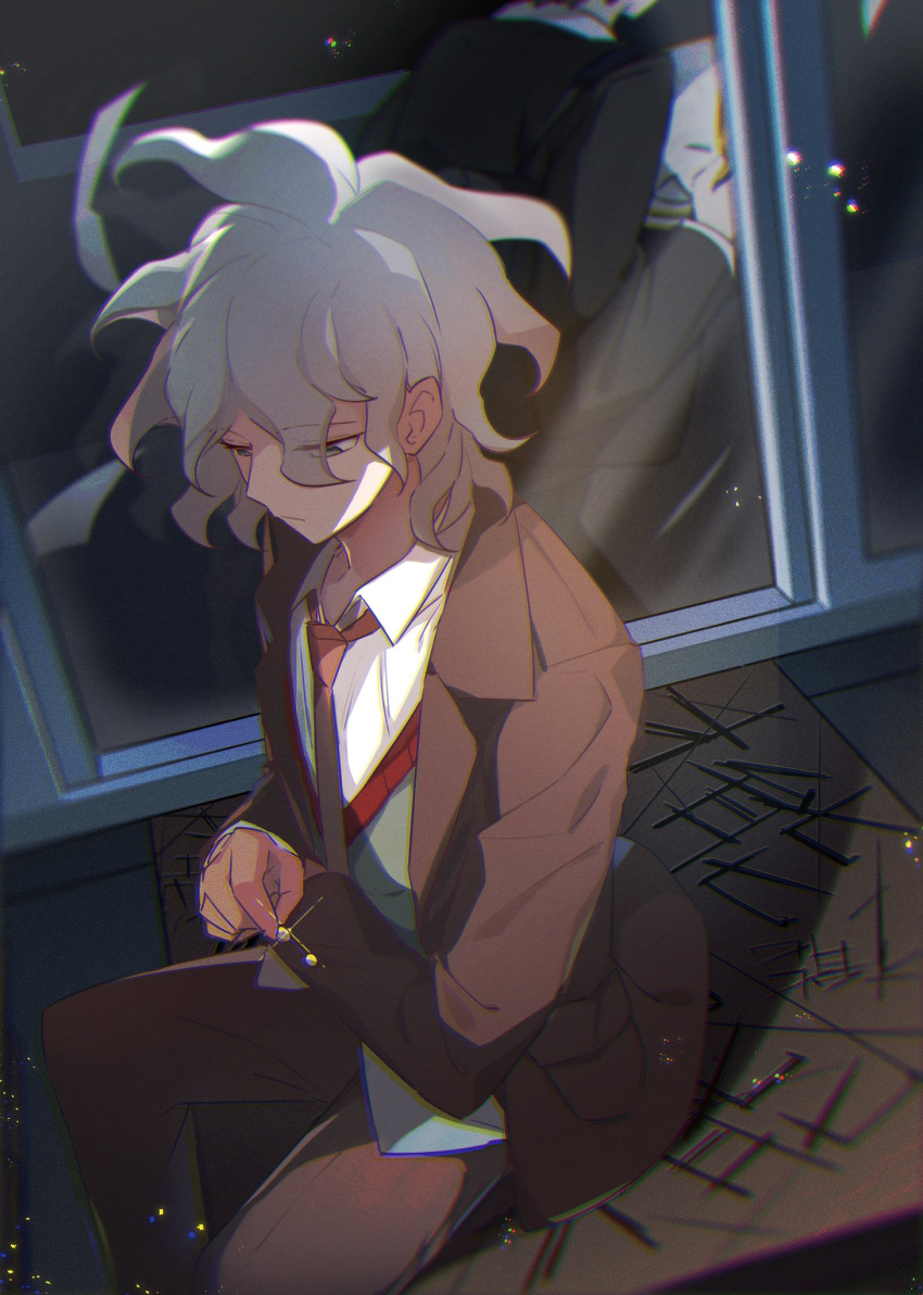 2boys bangs brown_jacket brown_pants closed_mouth collared_shirt commentary_request danganronpa_(series) danganronpa_3_(anime) feet_out_of_frame formal from_above grey_hair highres hope's_peak_academy_school_uniform jacket komaeda_nagito long_sleeves male_focus medium_hair messy_hair midou_(grk12138) multiple_boys necktie open_clothes open_jacket pants red_neckwear school_uniform shirt sitting solo_focus vest white_shirt