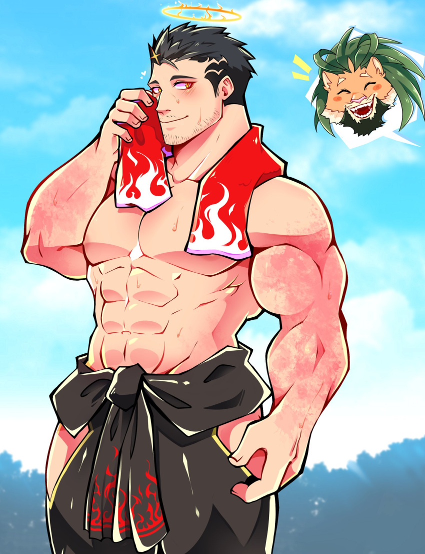 1boy ^_^ animal_ears arsalan_(tokyo_houkago_summoners) bara beard black_hair blue_sky blush burn_scar closed_eyes cloud cloudy_sky collarbone english_commentary facial_hair furry green_hair halo heart highres hip_vent lion_boy lion_ears lisuchi male_focus muscular muscular_male navel nipples notice_lines outdoors pectorals scar shirtless short_hair sideways_glance sky smile solo_focus speech_bubble stubble sweat tokyo_houkago_summoners towel towel_around_neck wiping wiping_face zabaniya_(tokyo_houkago_summoners)