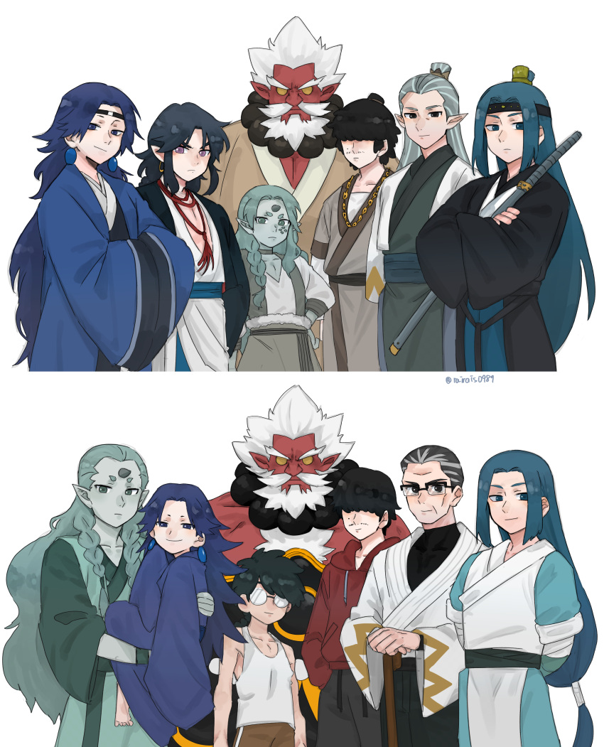 6+boys a'gen_(the_legend_of_luoxiaohei) absurdres arms_behind_back black_hair blue_hair blue_robe braid colored_skin diting_(the_legend_of_luoxiaohei) glasses grey_hair highres horns kizumi-cp-loveww lanxi_zhen laojun_(the_legend_of_luoxiaohei) long_hair multiple_boys pan_jing_(the_legend_of_luoxiaohei) pointy_ears red_skin robe simple_background single_horn sword tank_top the_legend_of_luo_xiaohei upper_body weapon white_background white_tank_top wuxian_(the_legend_of_luoxiaohei) xuan_li_(the_legend_of_luoxiaohei)