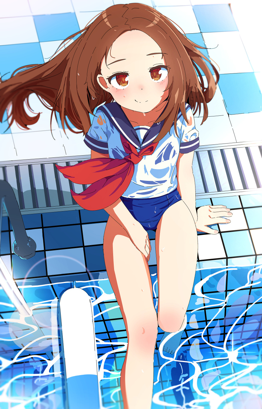 1girl absurdres blue_sailor_collar blue_swimsuit brown_eyes brown_hair commentary dunggeul_dunggeul forehead highres karakai_jouzu_no_takagi-san long_hair looking_at_viewer neckerchief pool pool_ladder poolside red_neckwear sailor_collar school_swimsuit school_uniform see-through serafuku shirt sitting soaking_feet solo swimsuit swimsuit_under_clothes takagi-san water wet wet_clothes wet_shirt