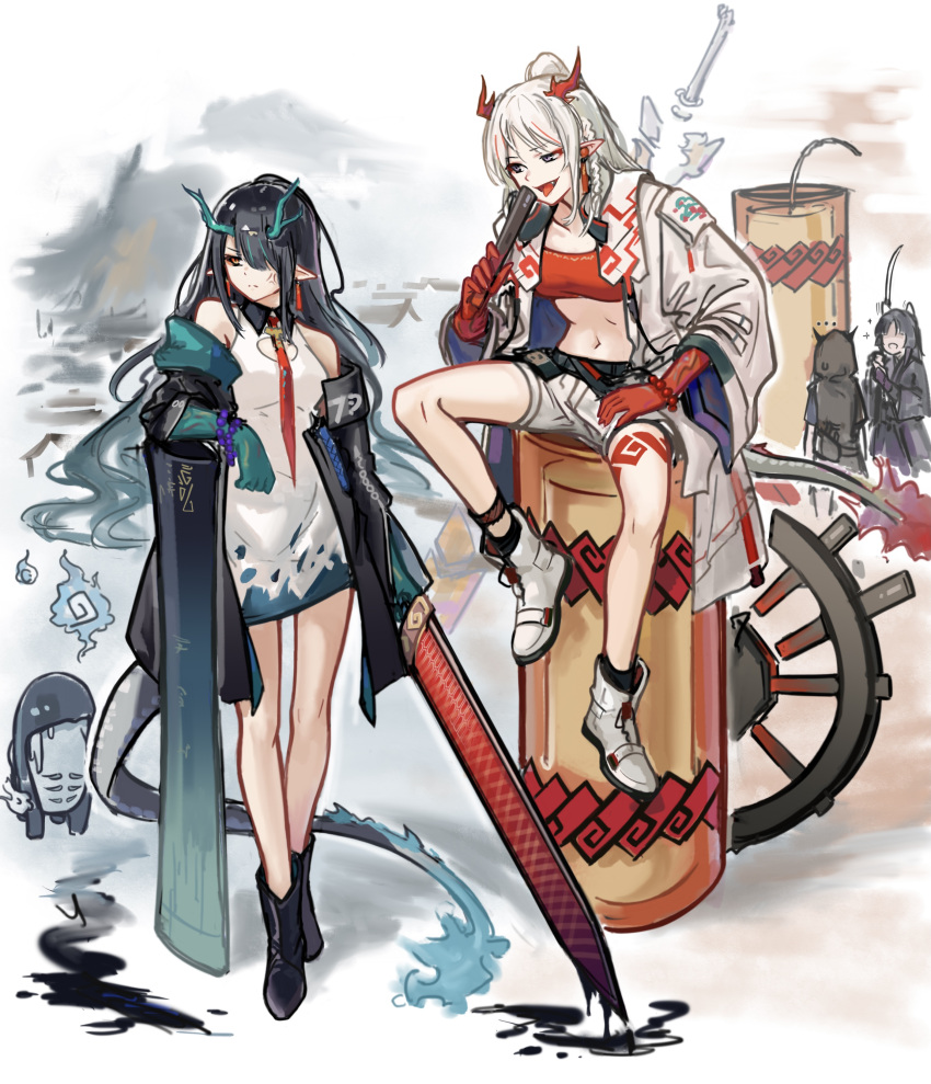 4girls :d absurdres anger_vein animal_ears arknights bangs bare_legs bare_shoulders black_coat black_hair coat commentary_request demon_horns dog_ears dress dusk_(arknights) hair_over_one_eye highres holding holding_sword holding_weapon hood horns lava_(arknights) left-handed long_hair looking_at_another looking_away midriff multiple_girls navel necktie nian_(arknights) official_art open_clothes open_coat open_mouth pointy_ears ponytail purgatory_(arknights) purple_eyes red_eyes revision saga_(arknights) short_dress shorts siblings silver_hair sisters sitting smile standing stomach strapless sword tail tongue tongue_out tubetop weapon white_dress zowli