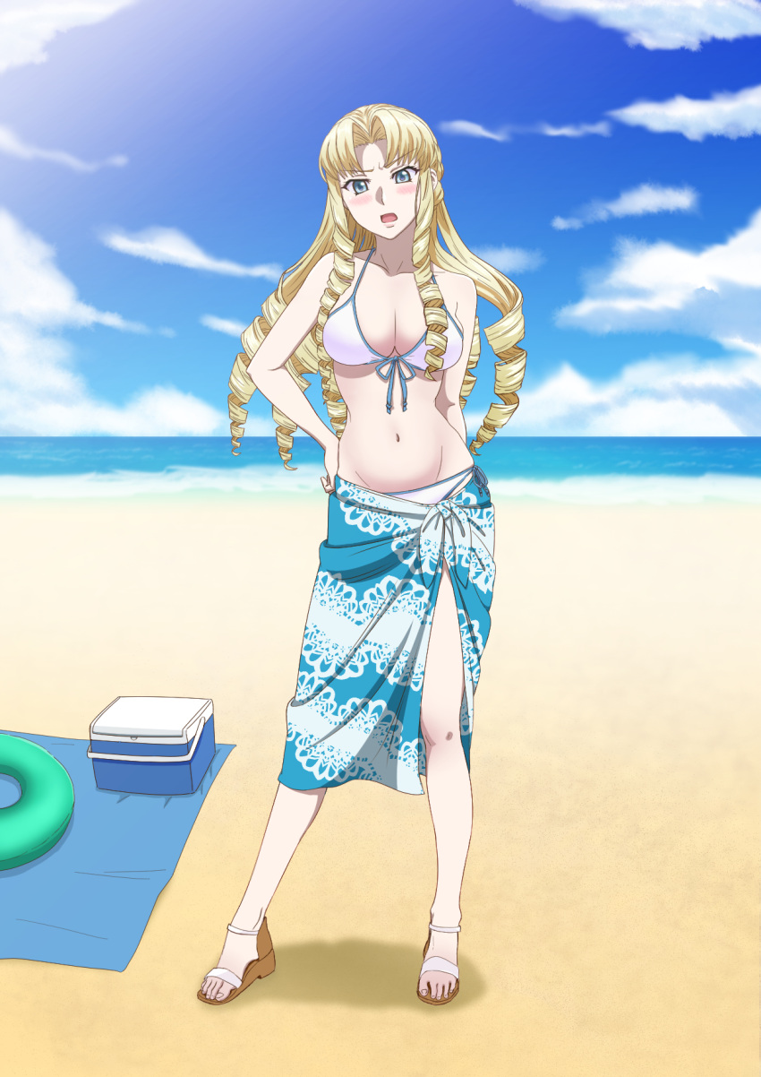 1girl barefoot_sandals beach bikini blush breasts cleavage cloud cooler drill_hair drill_locks hand_on_hip highres innertube marguerite_pistail medium_breasts midriff miyagi_yuki navel ocean open_mouth quad_drills sky solo super_robot_wars super_robot_wars_z2 swimsuit white_bikini