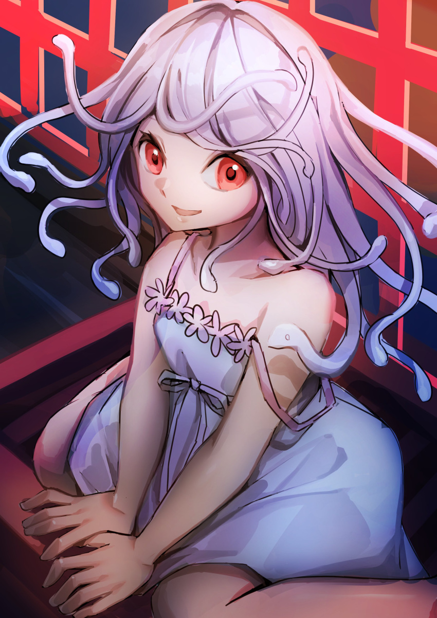 1girl absurdres bare_shoulders between_legs collarbone commentary dress hand_between_legs highres living_hair long_hair looking_at_viewer looking_to_the_side monogatari_(series) myuga66666 parted_lips red_eyes sengoku_nadeko sitting sleeveless sleeveless_dress smile snake_hair solo spoilers sundress wariza white_dress white_hair