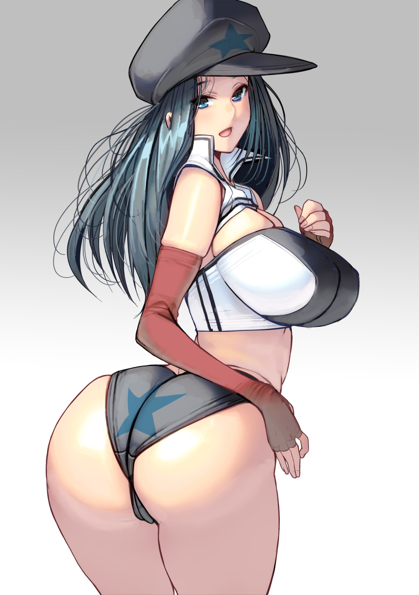 1girl absurdres ass black_hair blue_eyes breasts elbow_gloves fingerless_gloves gloves grey_background hat highres large_breasts long_hair masao midriff open_mouth original red_gloves solo