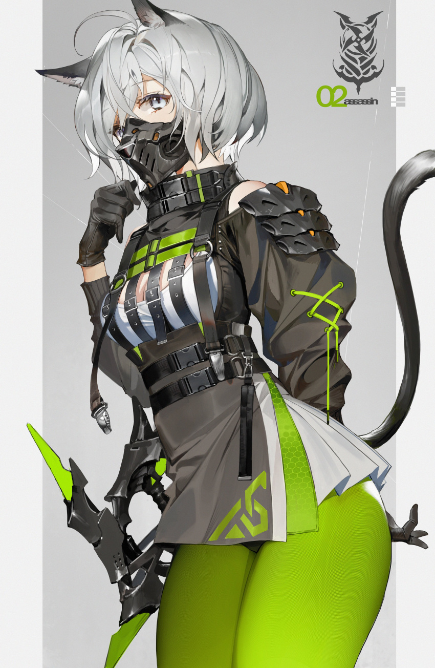 1girl absurdres ahoge animal_ear_fluff animal_ears armor black_gloves black_jacket black_skirt breasts cat_ears cat_tail cleavage cleavage_cutout clothing_cutout commentary cowboy_shot english_text eyebrows_visible_through_hair gloves green_legwear grey_background hair_between_eyes high-waist_skirt highres holding holding_weapon jacket looking_at_viewer mask medium_breasts miniskirt moire mouth_mask open_clothes open_jacket original pantyhose pleated_skirt shirt short_hair shoulder_armor shuriken shycocoa silver_eyes silver_hair simple_background skirt solo strap symbol_commentary tail two-tone_skirt weapon white_shirt white_skirt