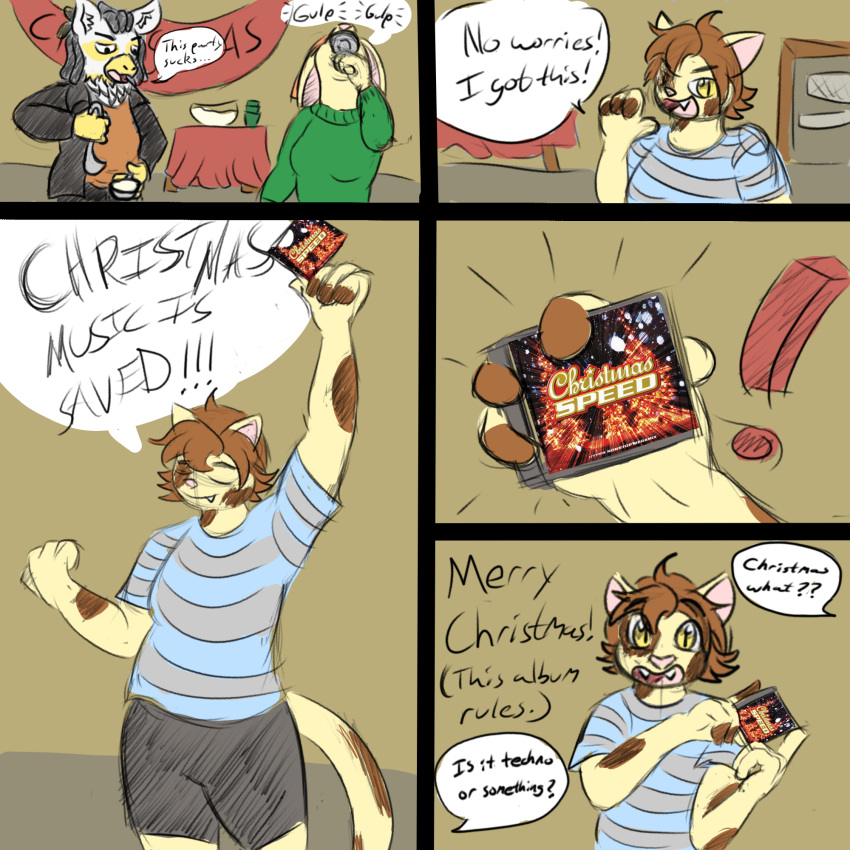 1:1 anthro avian christmas comic domestic_cat drinking dynamitegrizzly_(artist) eggnog english_text enny_gima felid feline felis female group gryphon hi_res holidays lagomorph leporid lumiere_pipkin male mammal mythological_avian mythology party rabbit roger_mello text turkish_van