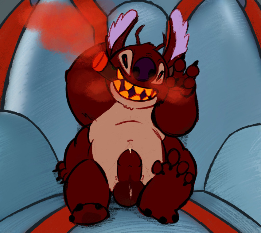 2021 4_arms 4_fingers 4_toes alien antennae_(anatomy) balls bodily_fluids chair cigar digital_drawing_(artwork) digital_media_(artwork) disney erection evil_grin experiment_(lilo_and_stitch) feet fingers front_view fur furniture genital_fluids genitals gesture hand_behind_head hi_res holeymole humanoid_genitalia humanoid_penis leroy_(lilo_and_stitch) lilo_and_stitch male multi_arm multi_limb penis precum purple_nose red_balls red_body red_fur red_penis sitting slightly_chubby smile smoking solo toes v_sign yellow_teeth