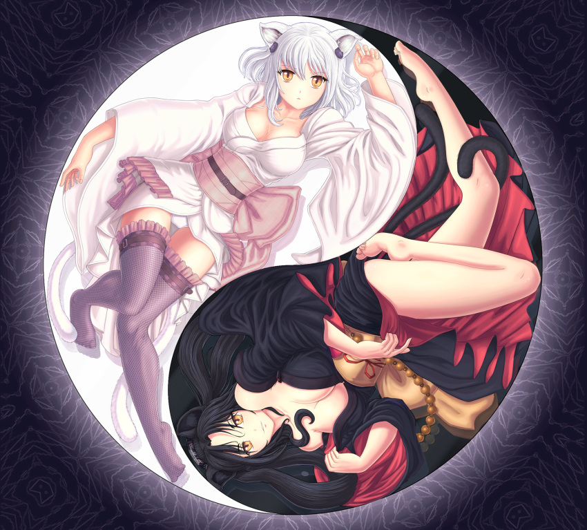 2girls animal_ears bare_shoulders barefoot black_hair black_vs_white breasts cat_ears cat_girl cat_hair_ornament cat_tail cleavage commentary_request fugaz-san hair_ornament hair_rings hairband high_school_dxd highres japanese_clothes kimono kuroka_(high_school_dxd) large_breasts looking_at_viewer multiple_girls multiple_tails older panties parted_lips rotational_symmetry short_hair siblings silver_hair sisters smile tail thighhighs toujou_koneko underwear white_panties yellow_eyes yin_yang