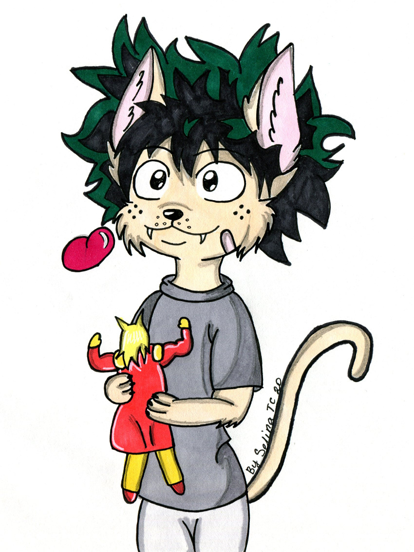 &lt;3 all_might alternate_species anime black_hair clothing doll domestic_cat felid feline felis full-length_portrait furrification green_hair grey_clothing grey_shirt grey_topwear hair hi_res izuku_midoriya mammal my_hero_academia painting_(artwork) pastel pen portrait selinatc shirt topwear traditional_media_(artwork) watercolor_(artwork)