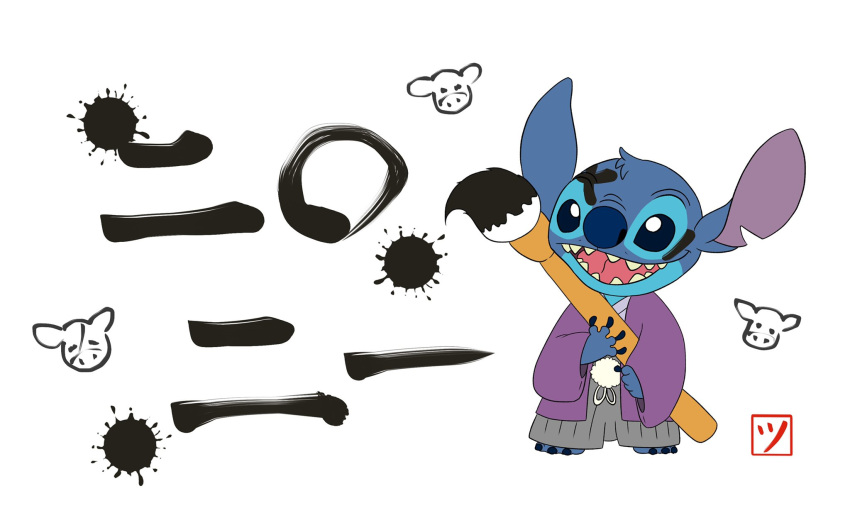 2021 4_fingers alien asian_clothing blue_body blue_claws blue_eyes blue_fur blue_nose bovid bovine brush cattle claws clothing disney east_asian_clothing experiment_(lilo_and_stitch) fingers fur hi_res holding_object ink japanese_clothing lilo_and_stitch mammal mayoooon_626 notched_ear open_mouth open_smile paintbrush simple_background smile solo standing stitch_(lilo_and_stitch) white_background
