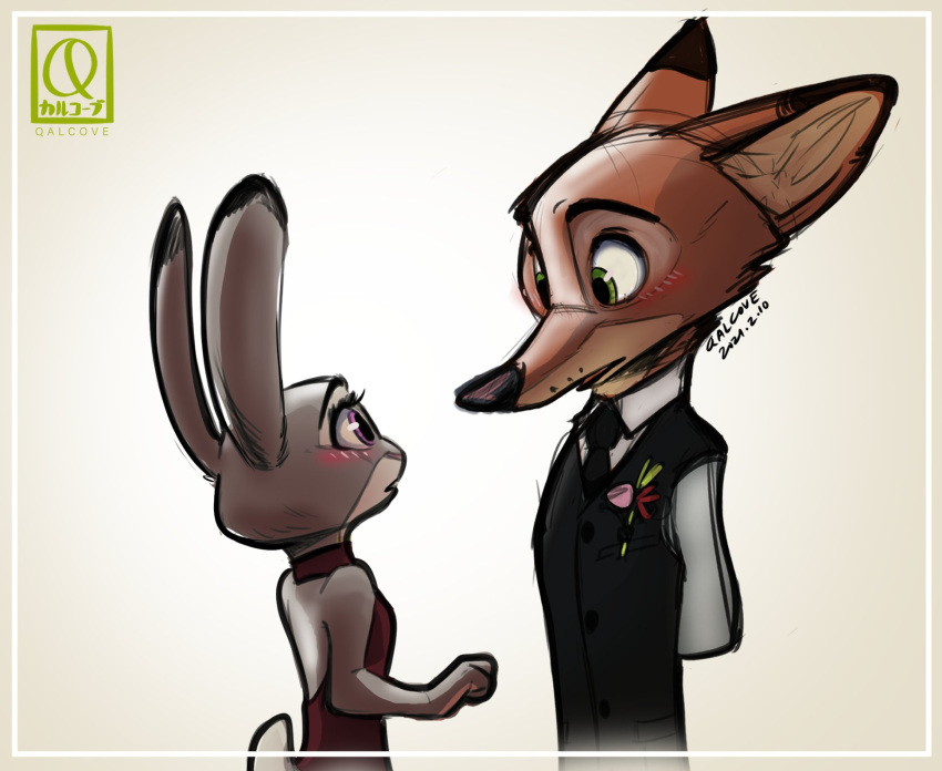 2021 anthro blush brown_body brown_fur canid canine clothed clothing dipstick_ears disney dress duo eye_contact female fox fur grey_body grey_fur hi_res judy_hopps lagomorph leporid light lighting looking_at_another male mammal multicolored_ears nick_wilde qalcove rabbit red_fox simple_background suit zootopia