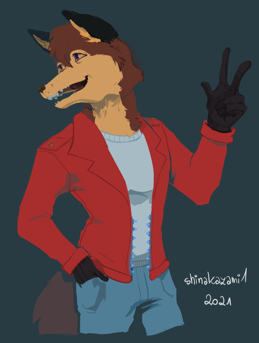 absurd_res anthro bottomwear canid canine clothed clothing fox fully_clothed gloves handwear hi_res jacket koen_the_fox male mammal multicolored_body pants peace_signs shirt smile solo topwear undershirt