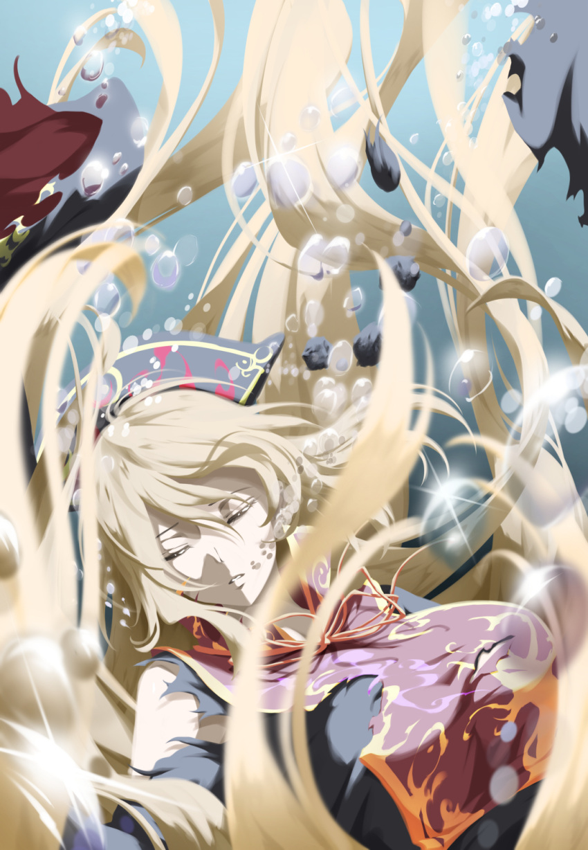 1girl air_bubble black_dress black_headwear blonde_hair breasts bubble chinese_clothes closed_eyes dress floating_hair hat highres junko_(touhou) large_breasts long_hair otomeza_ryuseigun solo tabard torn_clothes torn_dress torn_tabard touhou underwater very_long_hair