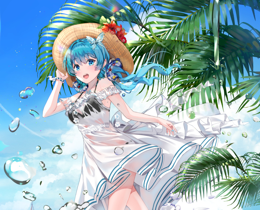 aqua_eyes aqua_hair bikini blush bubbles clouds dress flow hat long_hair see_through sky swimsuit ttorong twintails